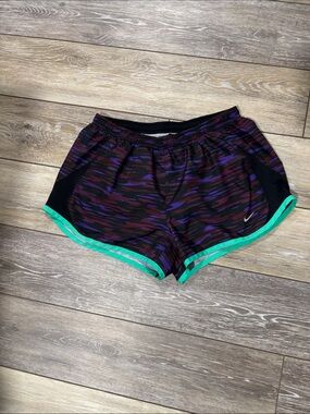 Nike Women's Black and Purple Camo Shorts with Teal Trim